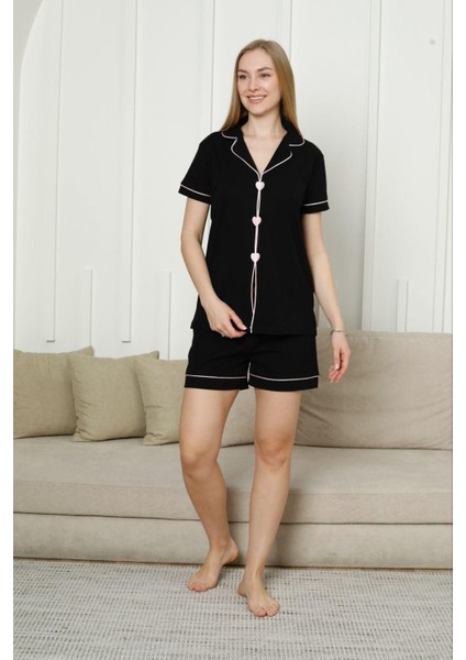 Kalpli Siyah Şortlu Pijama Takımı