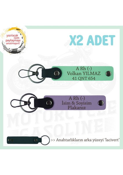 Yol Tutkunları Için, Isim Plaka ve A- Kan Grubuna Kişiselleştirilmiş X2 Anahtarlık, Mor-Yeşil-Laci