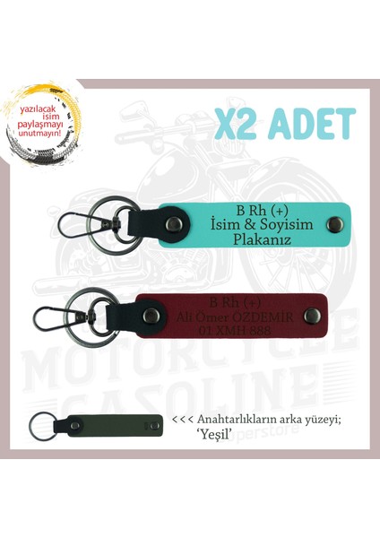 Motor Tutkunlarına Özel Armağan, Isim Plaka ve B+ Kan Grubu Yazılı X2 Anahtarlık, Turkuaz-Bordo-Ysl
