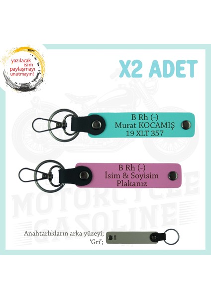 Motosiklet Aşıkları Için Özel, Isim Plaka ve B Rh (-) Kan Grubu, 2'li Anahtarlık, Pembe-Turkuaz-Gr