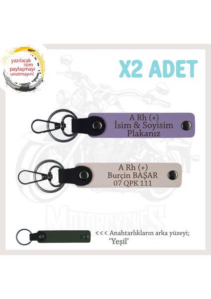 Biker Tarzına Özel, Isim Plaka ve A Rh (+) Kan Grubu Yazılı Hediye X2 Anahtarlık Set, Mor-Pudra-Ysl