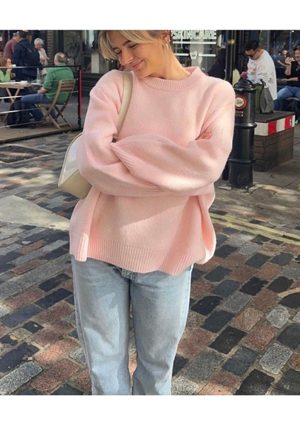 Pembe Bisiklet Yaka Oversize Triko Kazak