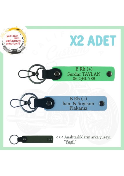 Biker Dostlarına, Isim Plaka ve B Rh (+) Kan Grubu Yazılı, Motor X2' Li Anahtarlık, Mavi-F Yeşil-Ysl
