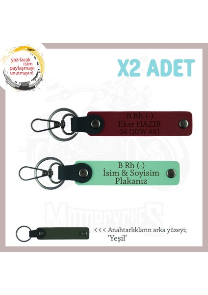 Motorcu Dostlara Özel, Isim Plaka ve B Rh (-) Kan Grubu Yazılı X2 Anahtarlık Set, Yeşil-Bordo-Ysl