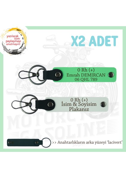 Motorcu Arkadaşlara, Isim Plaka ve 0 Rh+ Kan Grubu Yazılı Acil Durum Anahtarlığı, Beyaz-F Yeşil-Laci