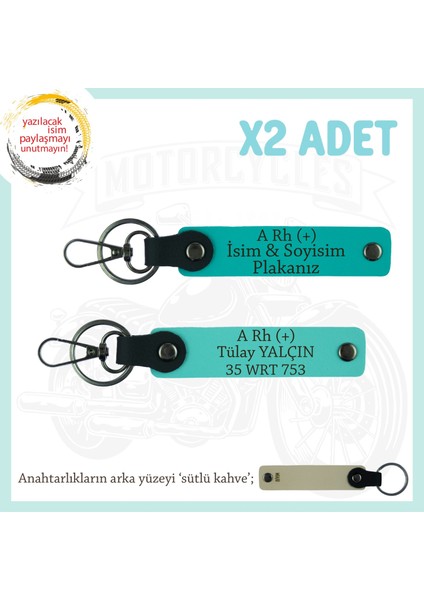 Motosiklet Severlere Isim Plaka, A+ Kan Grubu Yazılı Acil Durum X2 Anahtarlık, K Turkuaz-Turkuaz-Sk