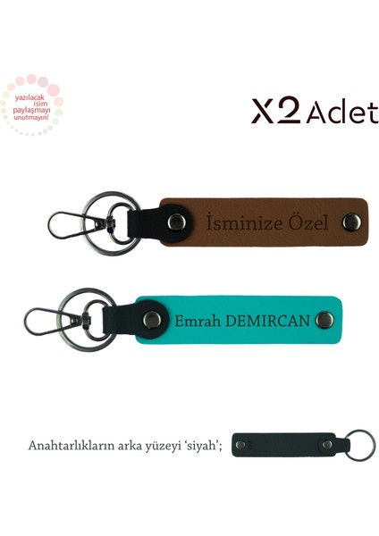 Doğum Gününe Ince Hediye,kişisel Isimli 2’li Anahtarlık Takımı, Açık Kahve-Koyu Turkuaz-Siyah