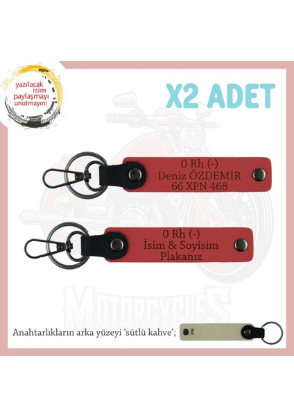 Motor Severlere Özel Isim Plaka, 0 Rh (-) Kan Grubu Yazılı Deri X2 Hediye Anahtarlık, Nar Çiçeği-Sk
