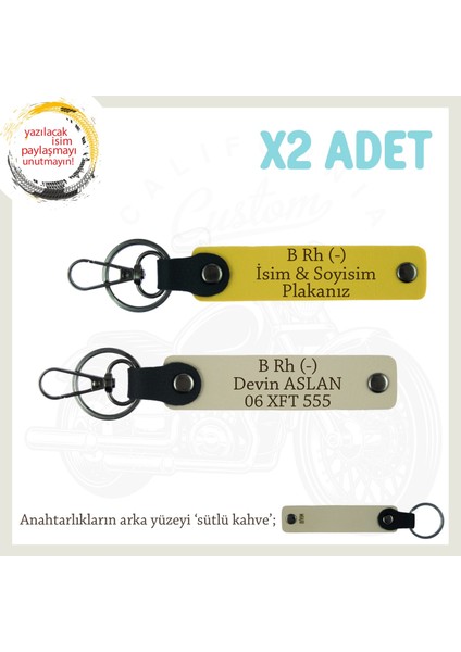 Yol Arkadaşlarına Özel Isim Plaka, B Rh (-) Kan Grubu Yazılı Kişisel X2 Anahtarlık, Sarı-S Kahve-Sk