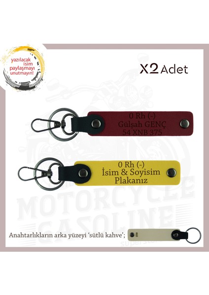 Motor Tutkunlarına, Isim Plaka ve 0 Rh (-) Kan Grubu Yazılı Özel Üretim X2 Anahtarlık, Sarı-Bordo-Sk