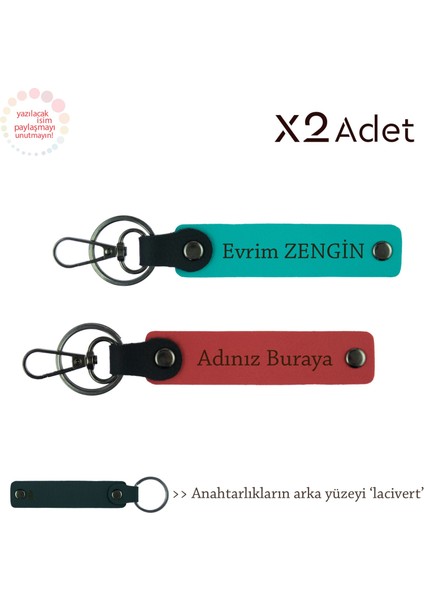 Öğretmene Anlamlı Sürpriz, Isimli & Soyisimli 2’li Anahtarlık Seti, Nar Çiçeği-Koyu Turkuaz-Lacivert