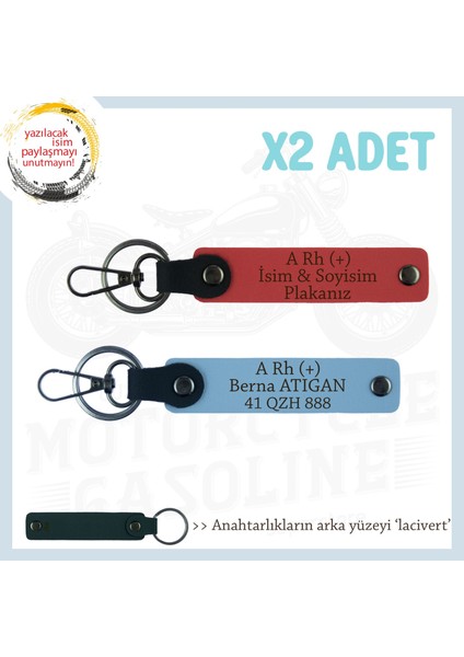 Yol Arkadaşları Için, Isim Plaka ve A+ Kan Grubu Kişiye Özel X2 Anahtarlık Set, Nar Çiçeği-Mavi-Laci