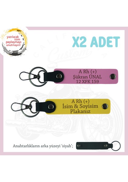 Motosiklet Severlere Özel, Isim Plaka ve A Rh (+) Kan Grubu Acil Durum X2 Anahtarlık, Sarı-Pembe-Syh