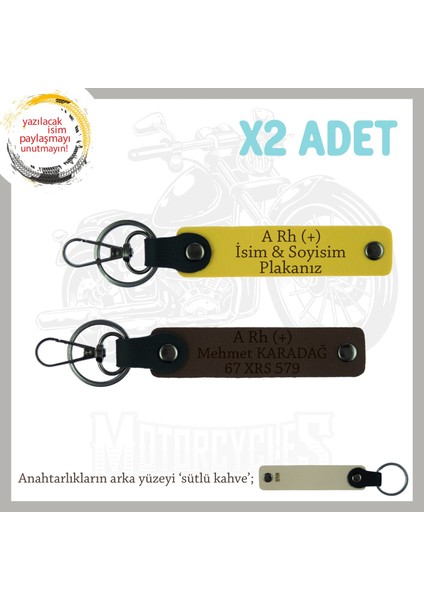 Motorcu Dostlara Özel Isim Plaka, A Rh (+) Kan Grubu Yazılı Hediyelik X2 Anahtarlık, Sarı-K Kahve-Sk