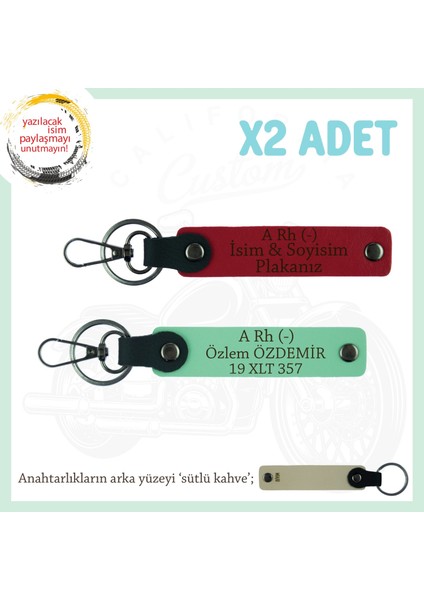 Motorcu Için Isim Plaka ve A Rh (-) Kan Grubu Yazılı 2'li Anahtarlık Hediye Set, Kırmızı-Yeşil-Sk