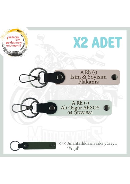 Motor Tutkunlarına Özel, Isim Plaka ve A Rh (-) Kan Grubu Yazılı Deri X2 Anahtarlık, Pudra-Beyaz-Ysl