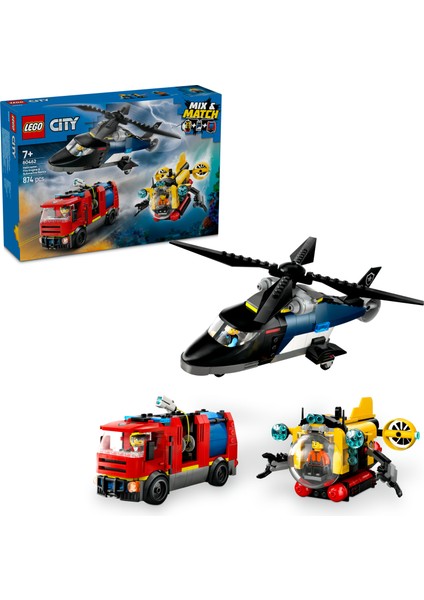 ® City Helikopter, İtfaiye Kamyonu ve Denizaltı Karışımı 60462 - 7 Yaş & Üzeri Çocuklar için Oyuncak Yapım Seti (874 P)