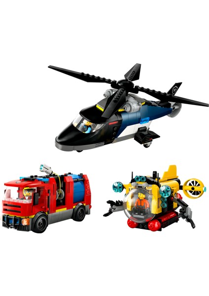 ® City Helikopter, İtfaiye Kamyonu ve Denizaltı Karışımı 60462 - 7 Yaş & Üzeri Çocuklar için Oyuncak Yapım Seti (874 P)