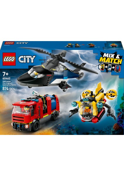 ® City Helikopter, İtfaiye Kamyonu ve Denizaltı Karışımı 60462 - 7 Yaş & Üzeri Çocuklar için Oyuncak Yapım Seti (874 P)