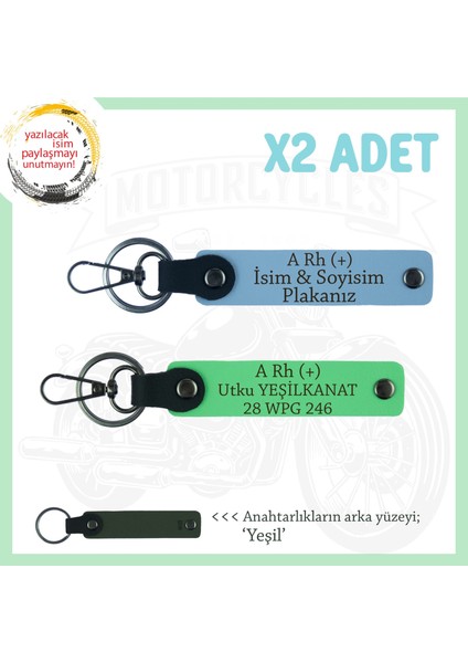Biker Dostlarına, Isim Plaka ve A Rh (+) Kan Grubu Yazılı, Motor X2' Li Anahtarlık, Mavi-F Yeşil-Ysl