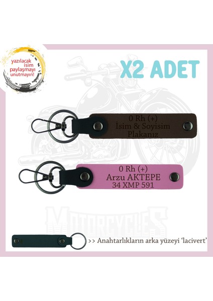 Motosiklet Aşıklarına Hediye, Isim Plaka ve 0 Rh (+) Kan Grubu Yazılı Anahtarlık, K Kahve-Pembe-Laci