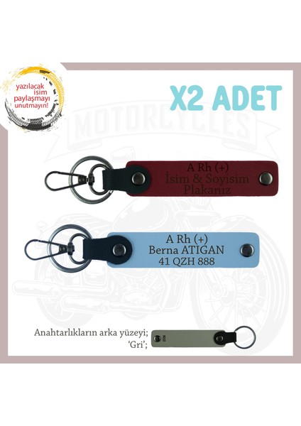 Motor Severlere Özel, Isim Plaka ve A + Kan Grubu Yazılı Kişiye Özel 2'li Anahtarlık, Mavi-Bordo-Gr