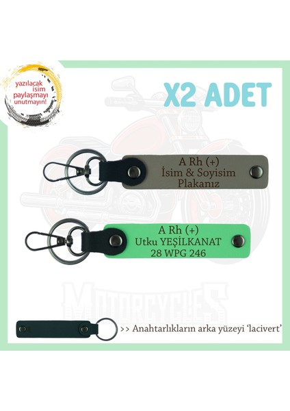 Motorcu Dostlara Hediyelik Isim Plaka, A + Kan Grubu Yazılı X2 Anahtarlık, Kül Gri-F Yeşil-Laci