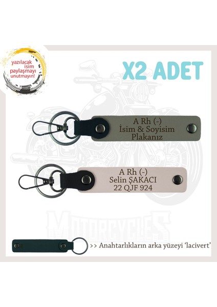 Motosiklet Sürücüsüne, Isim Plaka ve A Rh (-) Yazılı Acil Durum X2 Anahtarlıklar, Kül Gri-Pudra-Laci