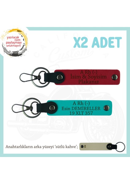 Motorcu Tarzına Özel, Isim Plaka ve A Rh (-) Kan Grubu Yazılı X2 Anahtarlık, Kırmızı-K Turkuaz-Sk