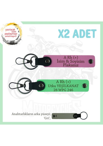 Hız Tutkunlarına Özel, Isim Plaka ve A Rh (+) Kan Grubu Yazılı Deri X2 Anahtarlık, Pembe-F Yeşil-Gr