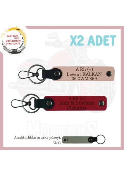 Motorcu Sevdiklerinize Özel, Isim Plaka ve A Rh (+) Yazılı Deri X2 Anahtarlık, Yavruağzı-Kırmızı-Gr