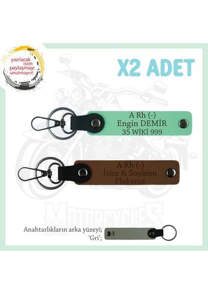 Motosiklet Severlere, Isim Plaka ve A Rh - Kan Grubu Yazılı, Motorcu X2 Anahtarlık, Kahve-Yeşil-Gr