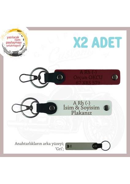 Bikerlar Isim Plaka ve A Rh (-) Kan Grubu Yazılı Deri X2 Anahtarlık Hediyelik Takım, Beyaz-Bordo-Gr