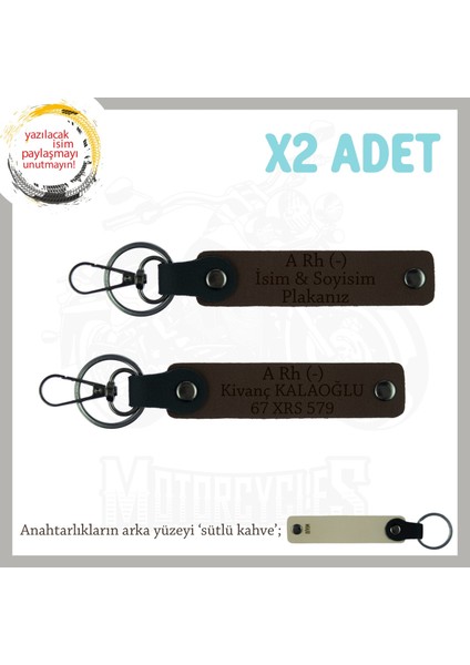 Biker Tarzına Özel, Isim Plaka ve A Rh (-) Kan Grubu Yazılı Hediye X2 Anahtarlık Takım, K Kahve-Sk