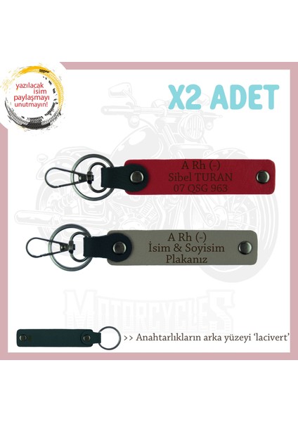 Bikerlar Için Isim Plaka ve A Rh (-) Kan Grubu Yazılı Hediye X2 Anahtarlık Set, Kül Gri-Kırmızı-Laci
