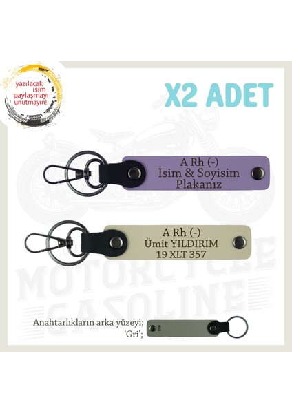 Motorcu Dostlara Özel, Isim Plaka, A Rh (-) Kan Grubu Yazılı Hediye X2 Anahtarlıklar, Mor-S Kahve-Gr