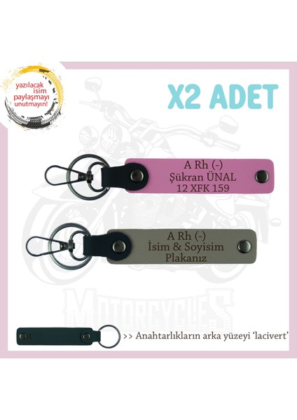 Motorcu Yolculara Özel, Isim Plaka ve A Rh (-) Kan Grubu Yazılı X2 Anahtarlık, Kül Gri-Pembe-Laci