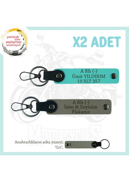 Biker Tarzına Özel, Isim Plaka ve A Rh (-) Kan Grubu Yazılı Hediye X2 Anahtarlık, Kül Gri-Turkuaz-Gr