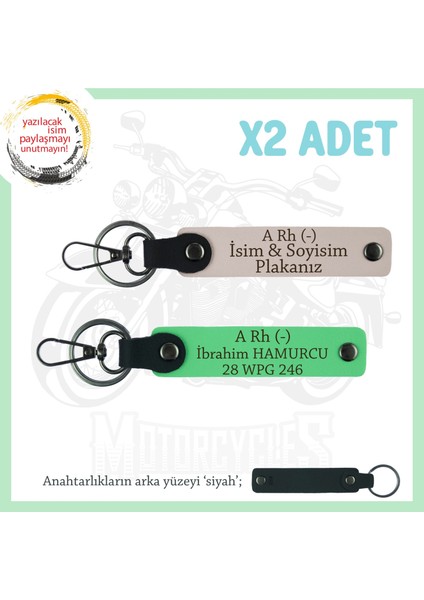 Hız Severlere Özel, Isim Plaka ve A Rh (-) Kan Grubu Yazılı Deri 2'li Anahtarlık, Pudra-F Yeşil-Syh