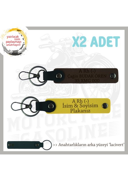 Motorcu Dostlara, Isim Plaka ve A Rh (-) Kan Grubu Yazılı Hediyelik X2 Anahtarlık, Sarı-K Kahve-Laci