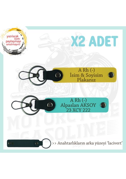 Motor Severlere, Isim Plaka ve A Rh (-) Kan Grubu, Özel Tasarım X2' Li Anahtarlık, Sarı-Turkuaz-Laci
