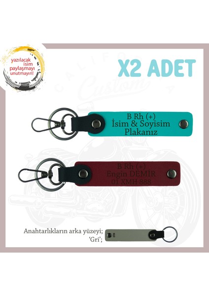 Motorcu Yolculara Isim Plaka ve B Rh (+) Kan Grubu Güvenli Sürüş Anahtarlığı X2, K Turkuaz-Bordo-Gr