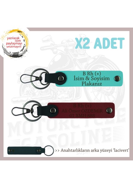 Motor Tutkunlarına Özel, Isim Plaka ve B Rh (+) Kan Grubu Yazılı 2'li Anahtarlık, Turkuaz-Bordo-Laci