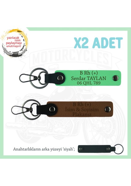 Motor Kulüplerine, Isim Plaka ve B Rh (+) Kan Grubu Yazılı X2' Li Anahtarlık Set, Kahve-F Yeşil-Syh