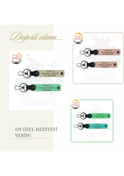Motor Kulüplerine, Isim Plaka ve B Rh (+) Kan Grubu Yazılı X2' Li Anahtarlık Set, Kahve-F Yeşil-Syh fiyatları