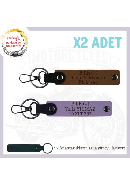 Motorcu Dostlara Hatıra, Isim Plaka ve B Rh (+) Kan Grubu Yazılı Özel X2 Anahtarlık, Kahve-Mor-Laci