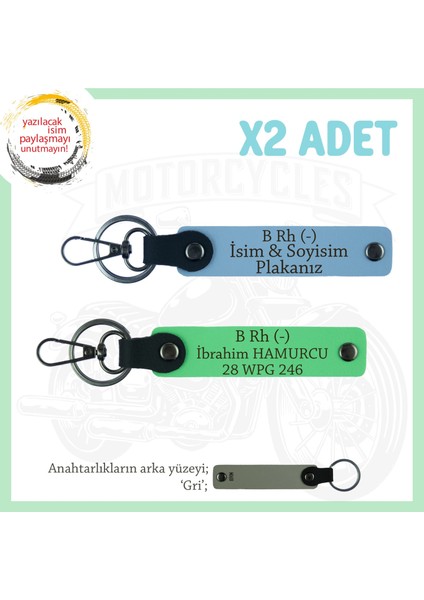 Biker Dostlarına, Isim Plaka ve B Rh (-) Kan Grubu Yazılı, Motor X2' Li Anahtarlık, Mavi-F Yeşil-Gr