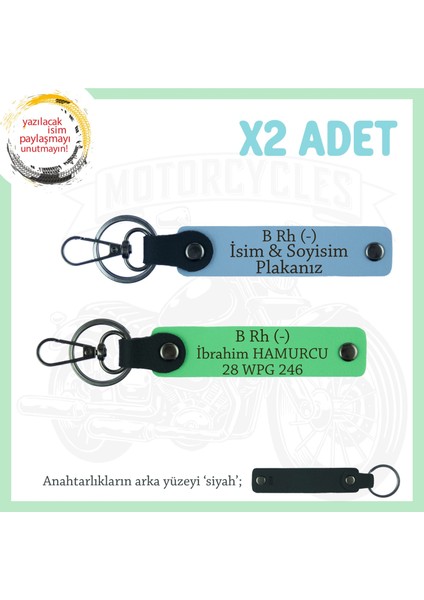 Biker Dostlarına, Isim Plaka ve B Rh (-) Kan Grubu Yazılı, Motor X2' Li Anahtarlık, Mavi-F Yeşil-Syh