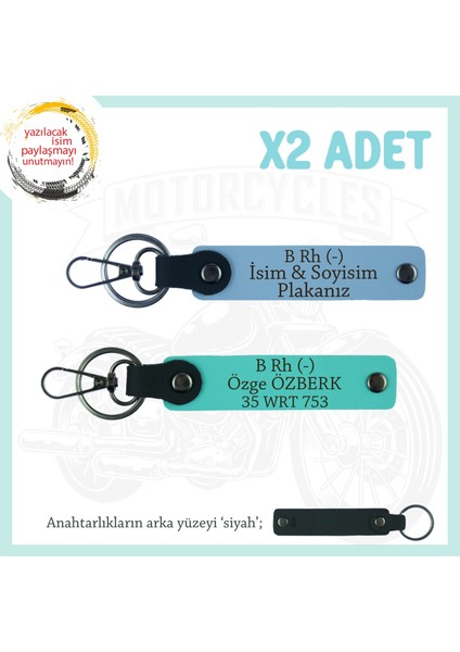 Motosiklet Severlere Isim Plaka ve B - Kan Grubu Yazılı Özel Hediye X2 Anahtarlık, Mavi-Turkuaz-Syh