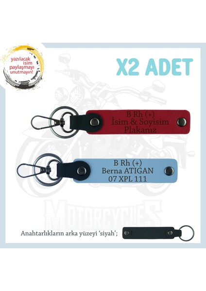Biker Stiline Özel, Isim Plaka ve B+ Kan Grubu Yazılı Anlamlı Motor X2 Anahtarlık, Kırmızı-Mavi-Syh